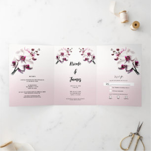 Orchid Flower Pink & White Wedding Tri-Fold Invitation