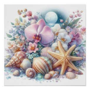 Orchid flowers and seashells starfish watercolor  poster