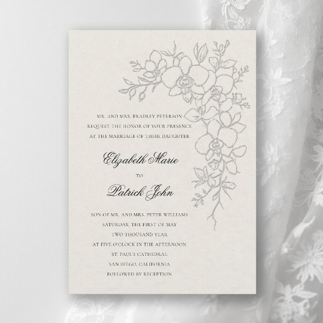 Orchid Gleam Formal Traditional Ecru Wedding Invitation (orchid wedding invitation ecru gleam formal modern classic traditional black tie parents hosting)
