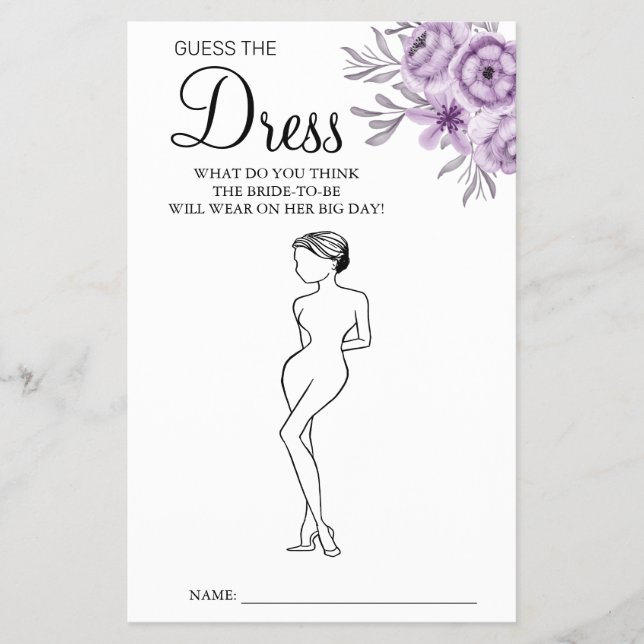 Orchid Guess the Dress Bridal shower game card (Front)