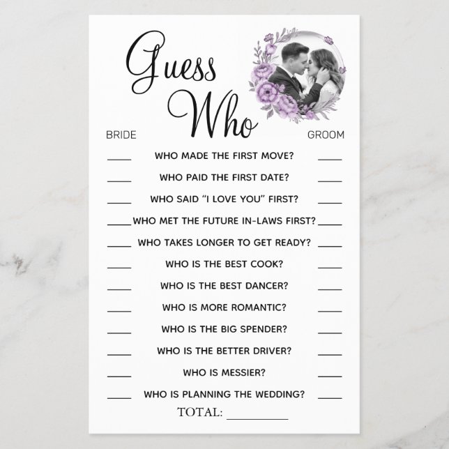 Orchid Guess Who Bridal shower game card (Front)