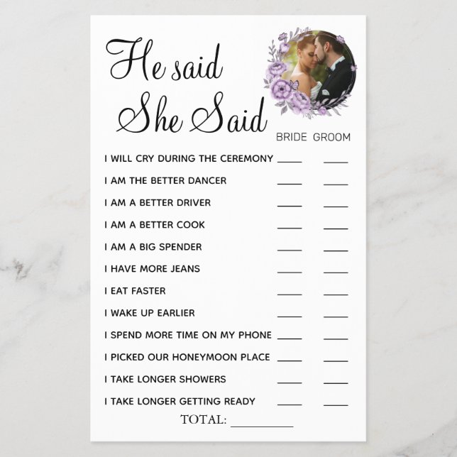 Orchid He said She Said shower game card (Front)