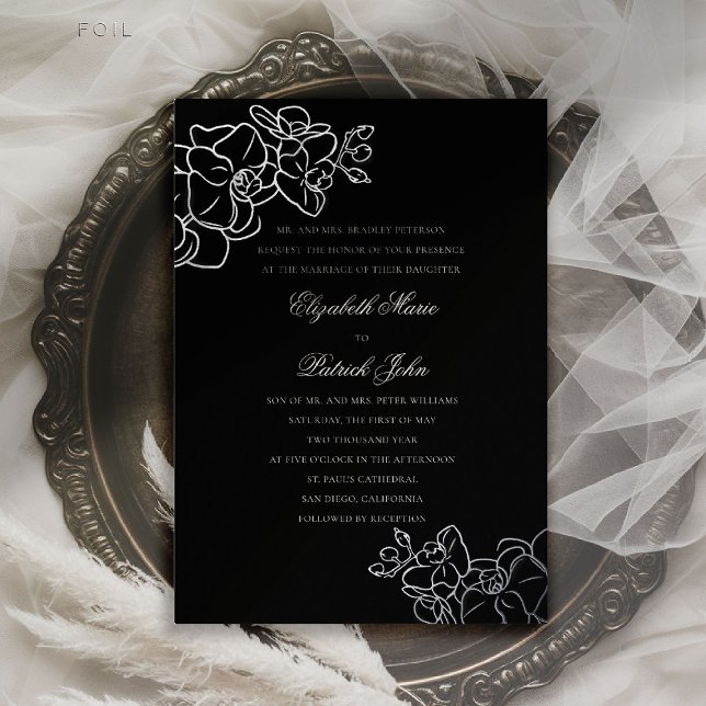 Orchid Heirloom Black White Formal Classic Wedding (orchid wedding invitation black white formal traditional parents hosting calligraphy classic foil)