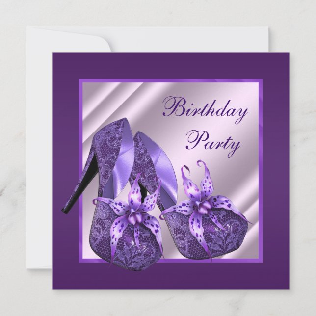 Orchid High Heel Shoe Womans Purple Birthday Party Invitation (Front)
