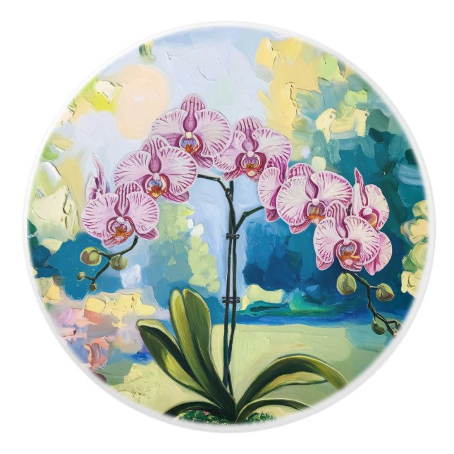 Orchid in a Pot Painting Botanical Art Ceramic Knob (Front)