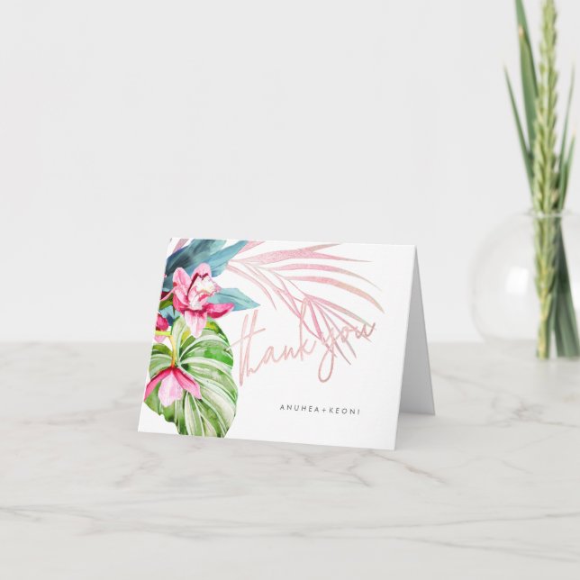 Orchid Isle, Pink+Blue Tropical Floral Thank You Card (Front)
