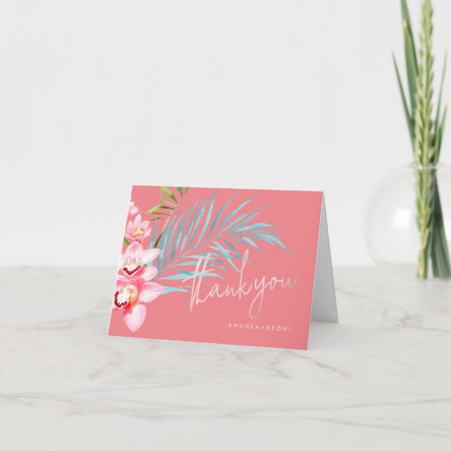 Orchid Isle, Pink+Blue Tropical Floral Thank You Card (Front)