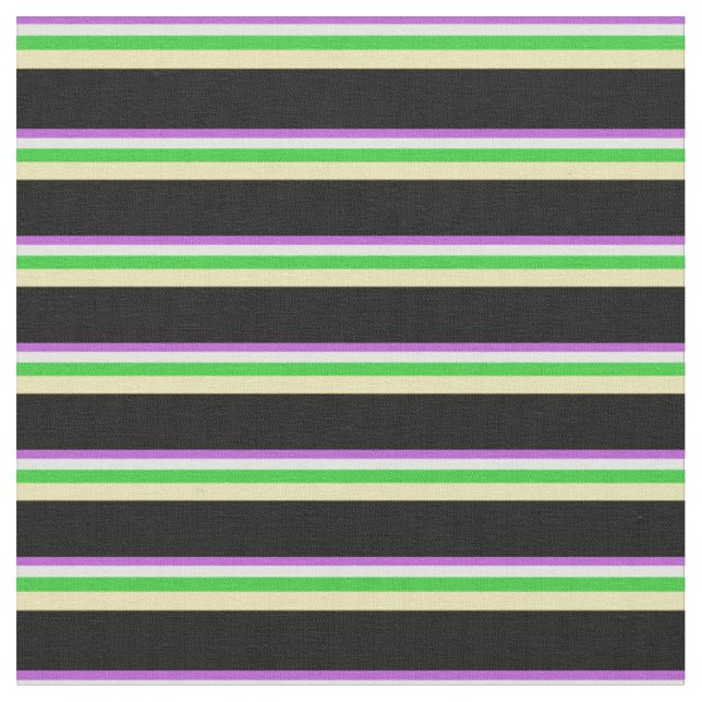 Orchid, Light Cyan, Lime Green, Tan & Black Lines Fabric (Close Up)