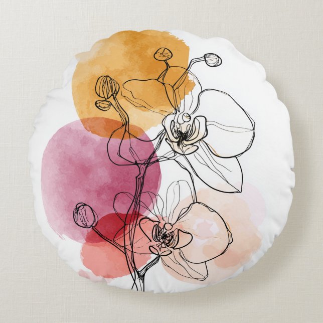 Orchid Line Art Round Throw Pillow – Minimalist (Front)