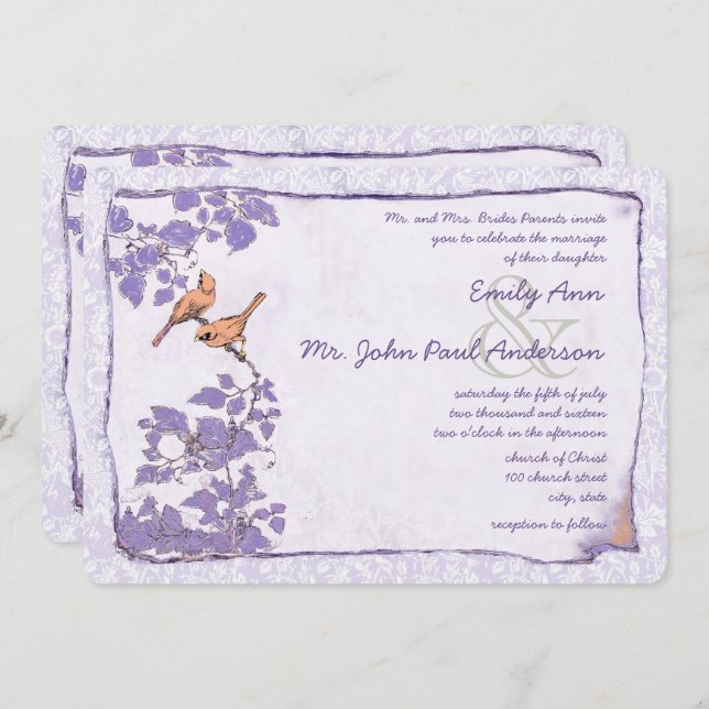 Orchid Love Bird Damask Wedding Invite (Front/Back)