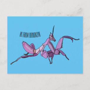 Orchid mantis cartoon illustration postcard