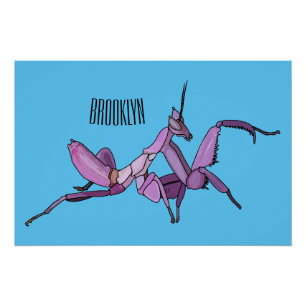 Orchid mantis cartoon illustration poster