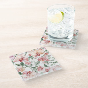 Orchid Meadow Watercolor Floral Blushing Botanical Glass Coaster