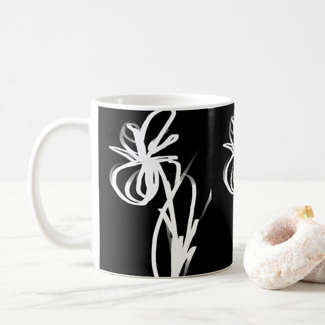 Orchid Noir: Abstract Black & White Coffee Mug (With Donut)