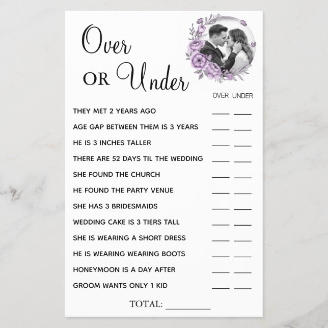 Orchid Over or Under Bridal shower game card (Front)