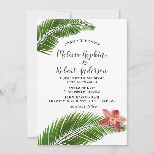 Orchid & Palm Leaf Tropical Floral Wedding Inivtes Invitation (Front)