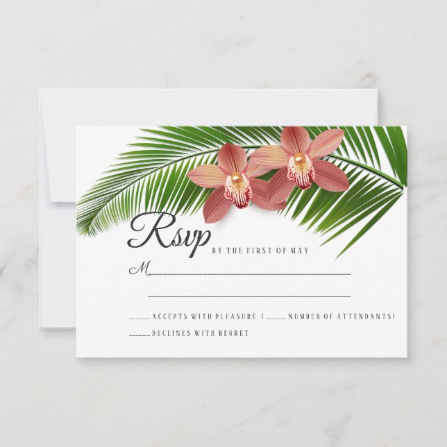 Orchid & Palm Leaf Tropical Floral Wedding RSVP Card (Front)