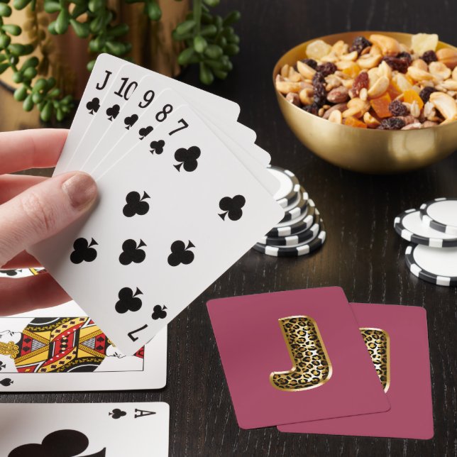 Orchid Pink Leopard Print Letter J Playing Cards (In Situ)