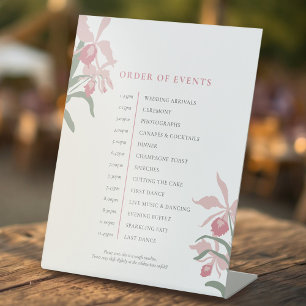 Orchid pink sage green wedding order of event pedestal sign