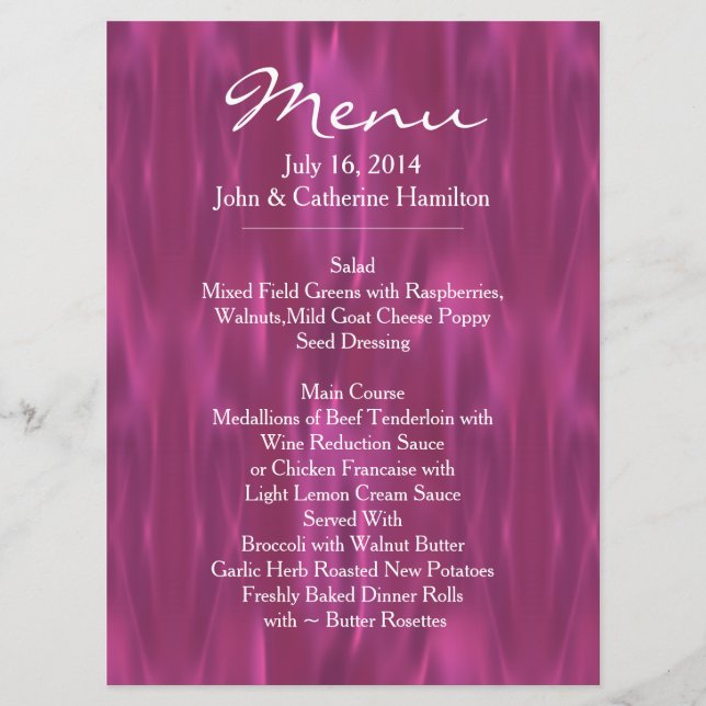 Orchid Pink Satin Look Custom Wedding Menu (Front)