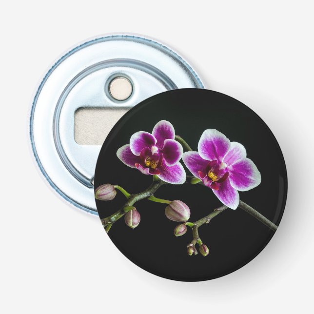 Orchid pink white colour on black pale gentle  bottle opener (Front)
