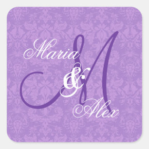 Orchid Purple Damask Wedding  Monogram S530A Square Sticker