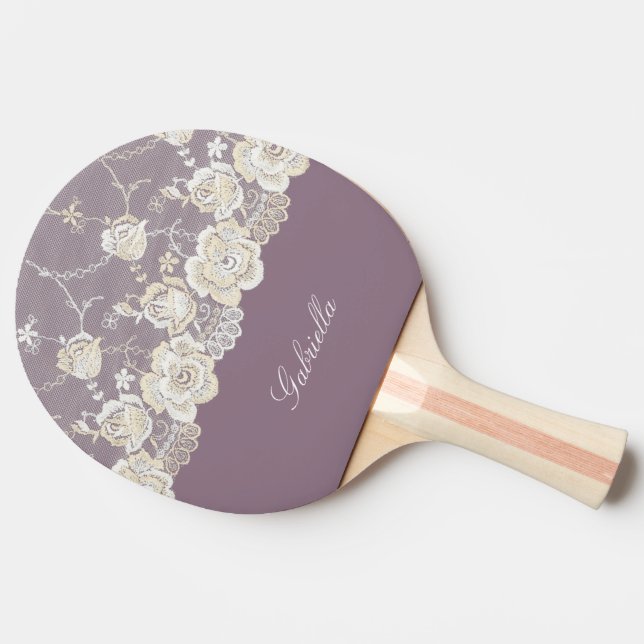 Orchid Purple White Lace Floral Ping Pong Paddle (Side)