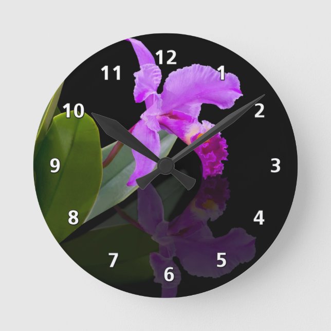 Orchid Reflections on Black Round Clock (Front)