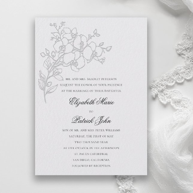 Orchid Sketch Formal Traditional Ivory Wedding Invitation (orchid wedding invitation ivory veil formal modern classic traditional black tie parents hosting)