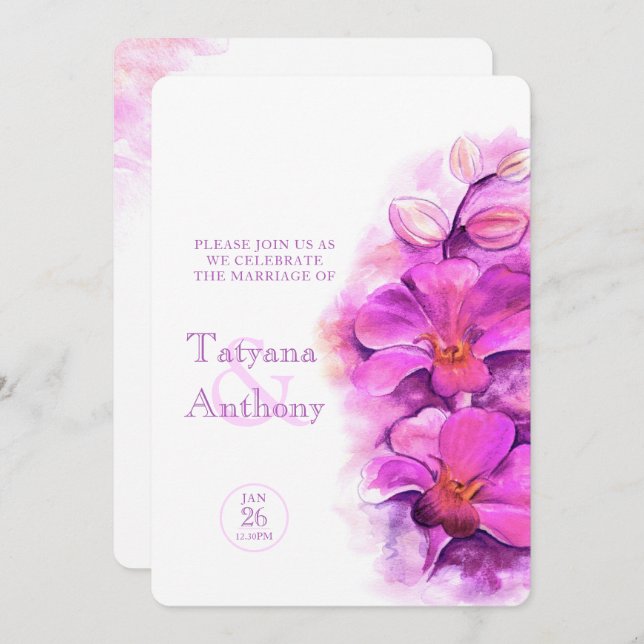 Orchid stylised watercolor purple pink wedding invitation (Front/Back)