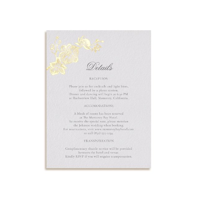 Orchid Vows Ivory Formal Classic Wedding Details Foil Holiday Postcard (formal wedding details card orchids gold foil modern classic traditional art ivory elegant)