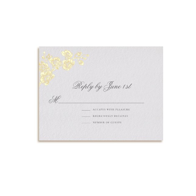 Orchid Vows Ivory Formal Classic Wedding Reply 2 Foil Holiday Postcard (formal wedding reply card rsvp orchids gold foil modern classic traditional art ivory elegant royal)