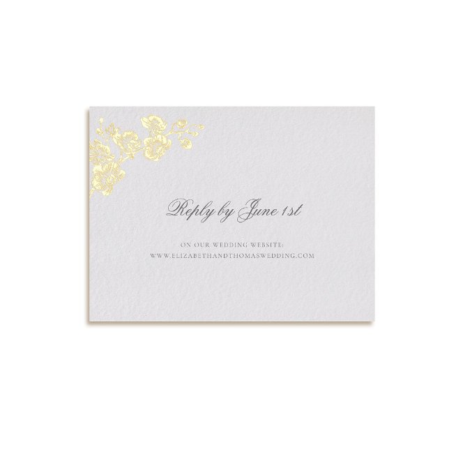 Orchid Vows Ivory Formal Classic Wedding Reply Foil Holiday Postcard (formal wedding reply card rsvp orchids gold foil modern classic traditional art ivory elegant)