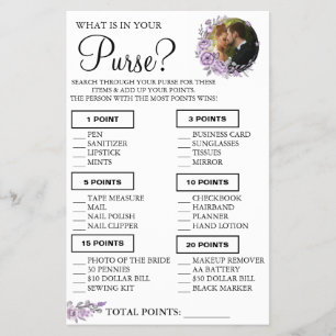 Orchid What is in your purse Shower game card