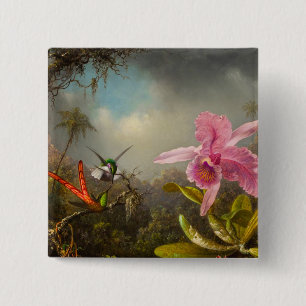 Orchid with Two Hummingbirds Heade 15 Cm Square Badge