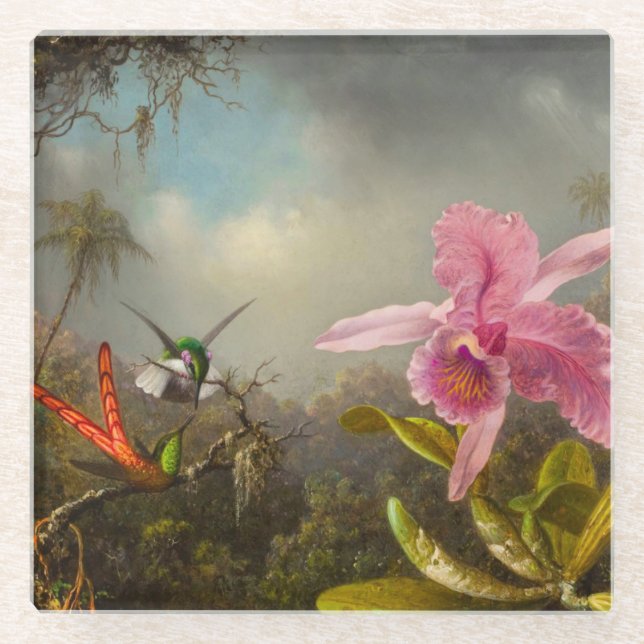 Orchid with Two Hummingbirds Heade Glass Coaster (Front)