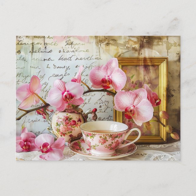 Orchids alongside a teacup and picture frame postcard (Front)