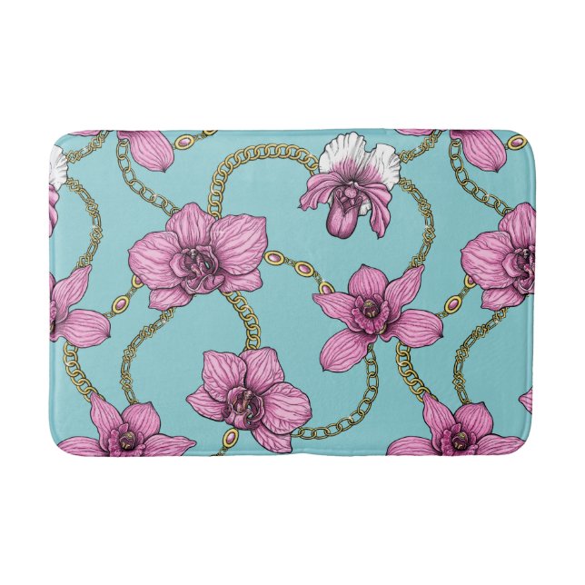 Orchids and chains, pink and blue bath mat (Front)
