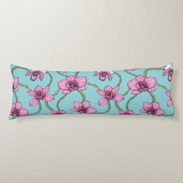 Orchids and chains, pink and blue body cushion (Front)