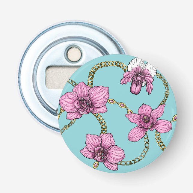 Orchids and chains, pink and blue bottle opener (Front)