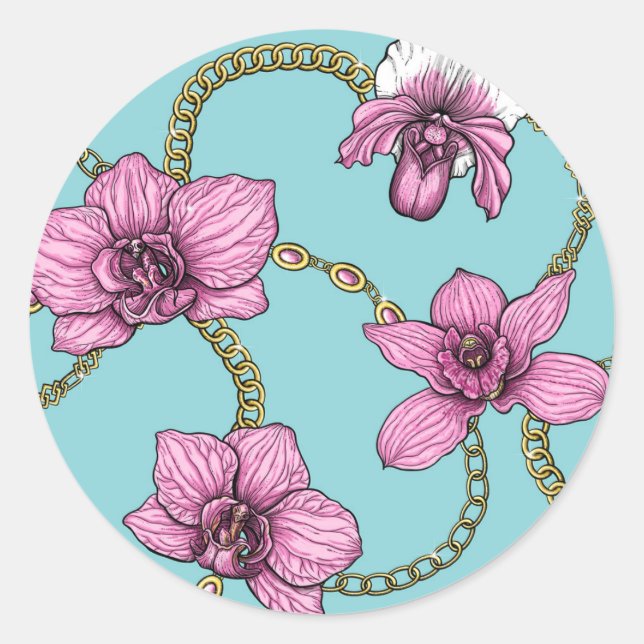Orchids and chains, pink and blue classic round sticker (Front)