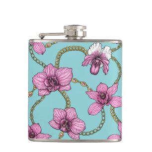 Orchids and chains, pink and blue hip flask