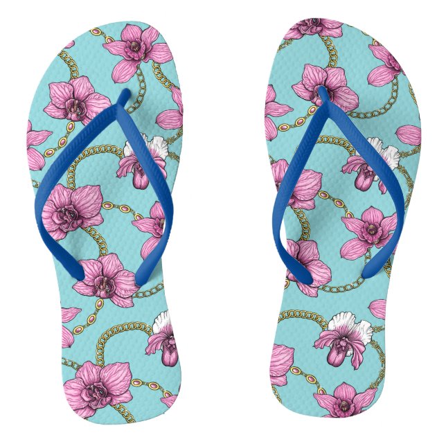 Orchids and chains, pink and blue jandals (Footbed)