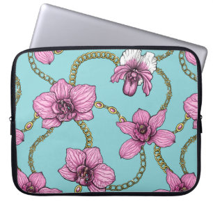 Orchids and chains, pink and blue laptop sleeve