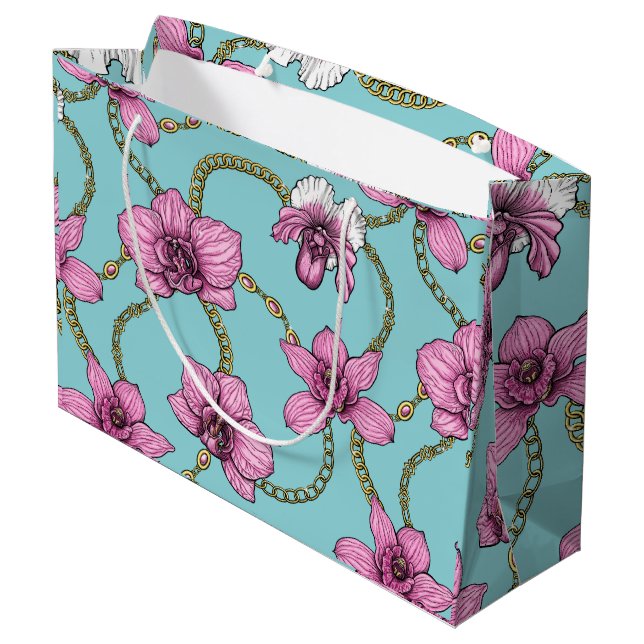 Orchids and chains, pink and blue large gift bag (Back Angled)