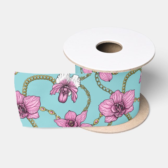 Orchids and chains, pink and blue satin ribbon (Spool)