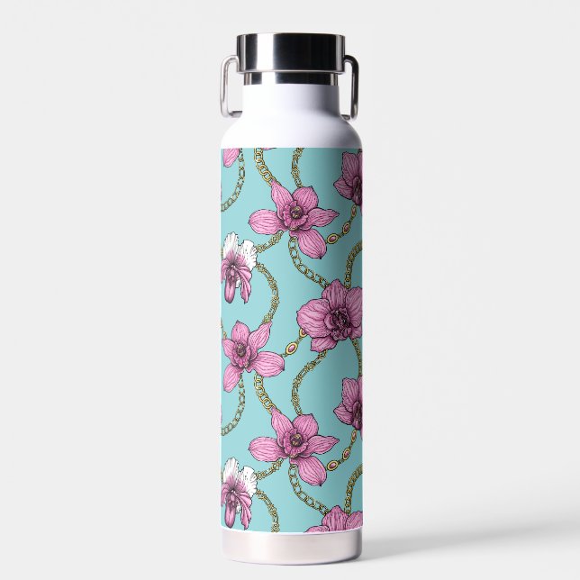 Orchids and chains, pink and blue water bottle (Front)