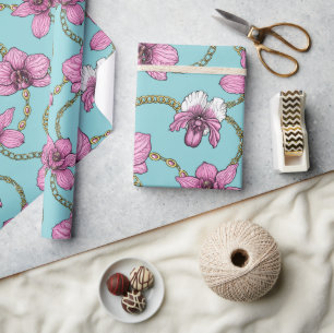 Orchids and chains, pink and blue wrapping paper