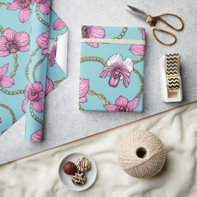 Orchids and chains, pink and blue wrapping paper (Crafts)