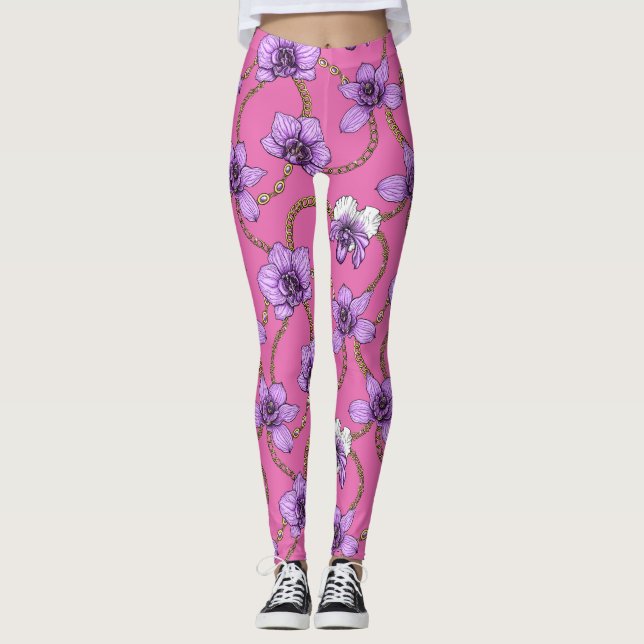 Orchids and chains, violet and pink leggings (Front)